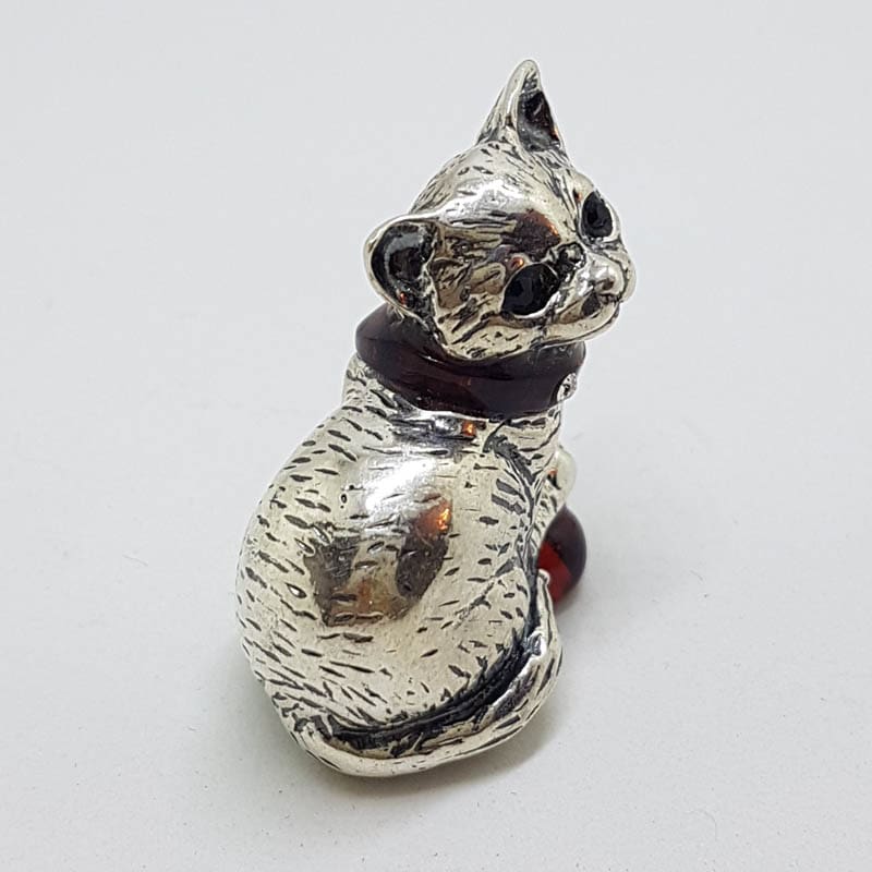 Sitting Cat with Collar and Ball - Sterling Silver Natural Baltic Amber Small Animal Figurine / Statue / Sculpture