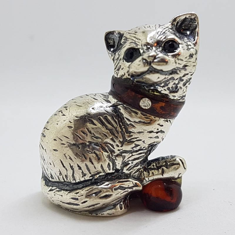 Sitting Cat with Collar and Ball - Sterling Silver Natural Baltic Amber Small Animal Figurine / Statue / Sculpture