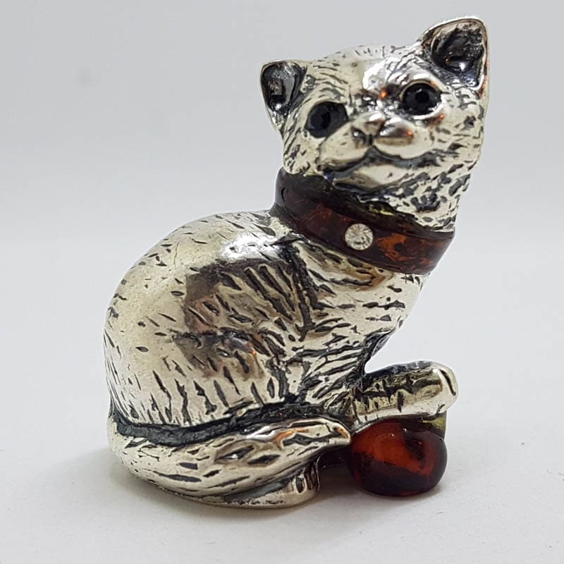 Sitting Cat with Collar and Ball - Sterling Silver Natural Baltic Amber Small Animal Figurine / Statue / Sculpture