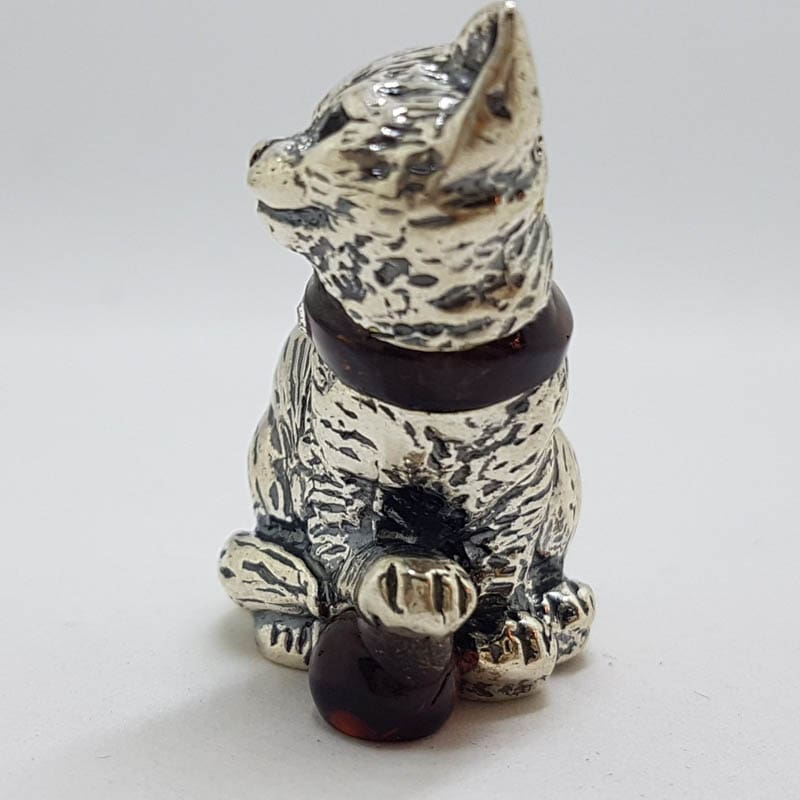 Sitting Cat with Collar and Ball - Sterling Silver Natural Baltic Amber Small Animal Figurine / Statue / Sculpture