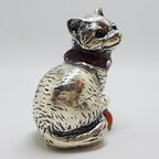 Sitting Cat with Collar and Ball - Sterling Silver Natural Baltic Amber Small Animal Figurine / Statue / Sculpture