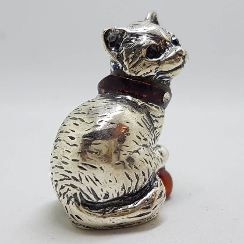Sitting Cat with Collar and Ball - Sterling Silver Natural Baltic Amber Small Animal Figurine / Statue / Sculpture