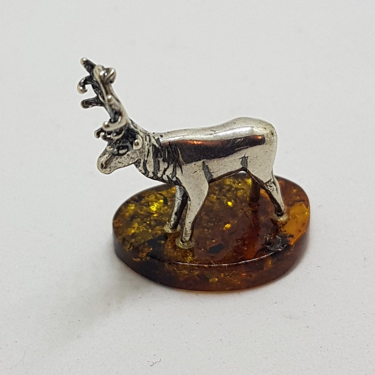 Small Stag / Reindeer / Deer / Moose - Solid Sterling Silver Natural Baltic Amber Small Animal Figurine / Statue / Sculpture
