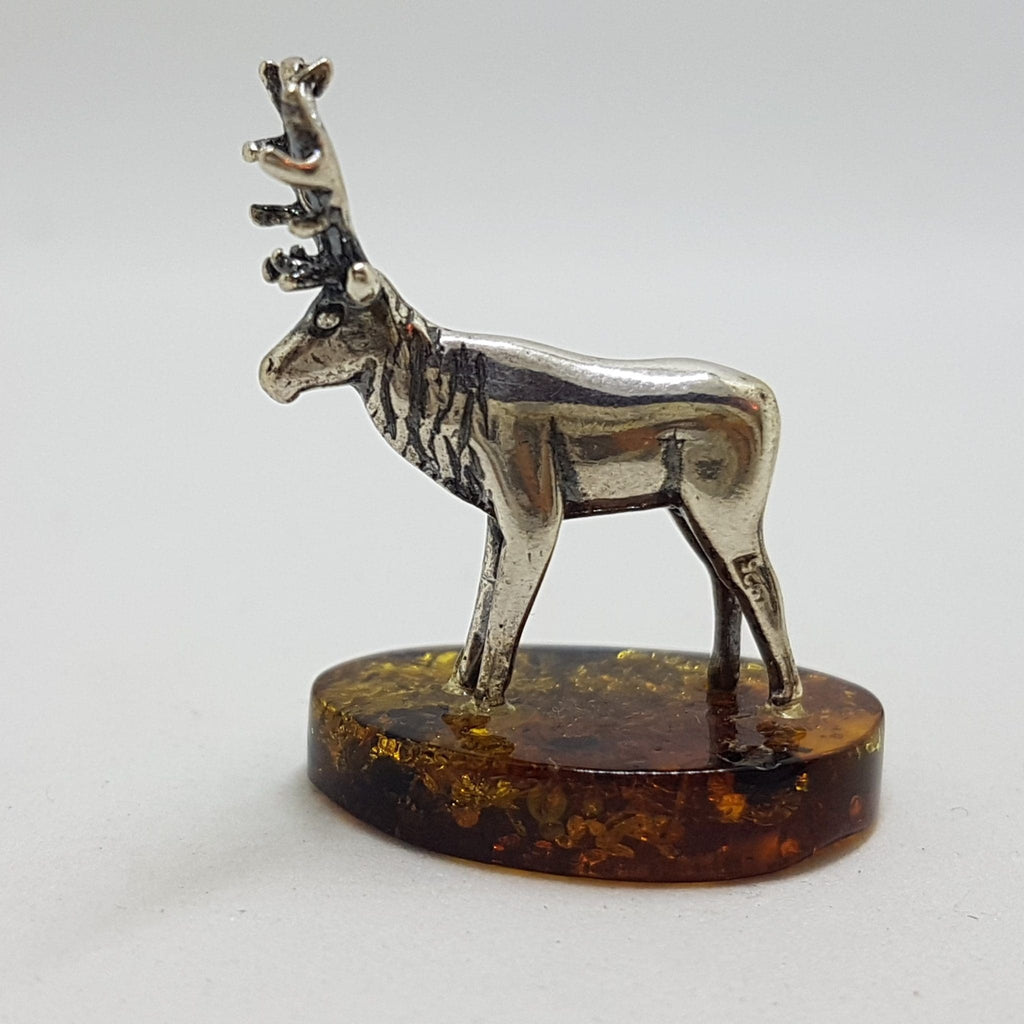 Small Stag / Reindeer / Deer / Moose - Solid Sterling Silver Natural Baltic Amber Small Animal Figurine / Statue / Sculpture