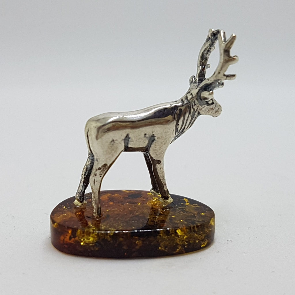 Small Stag / Reindeer / Deer / Moose - Solid Sterling Silver Natural Baltic Amber Small Animal Figurine / Statue / Sculpture