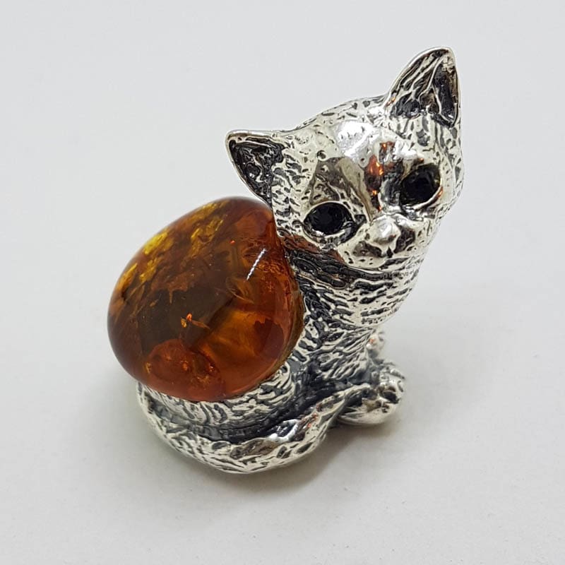 Sitting Cat - Solid Sterling Silver Natural Baltic Amber Small Animal Figurine / Statue / Sculpture