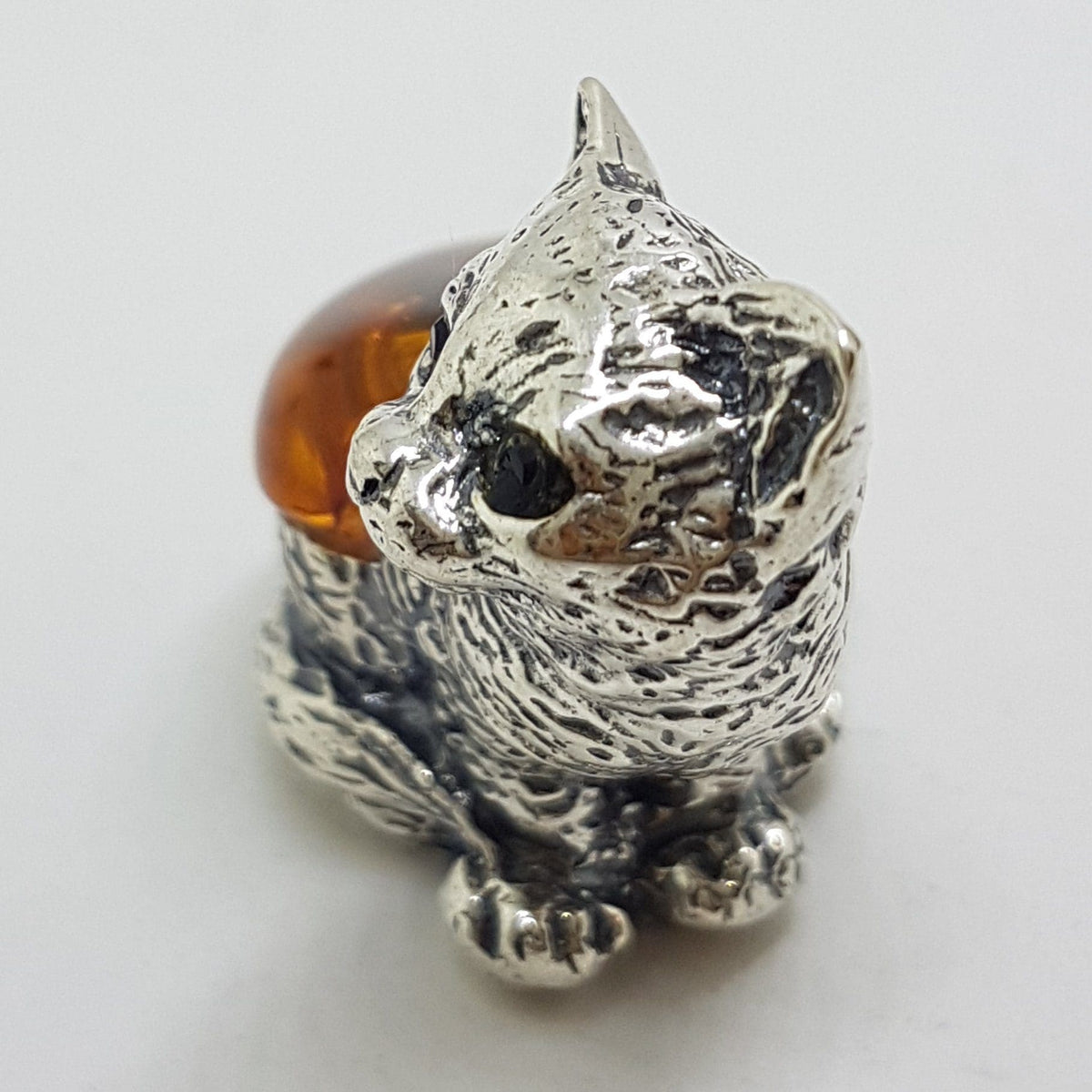 Sitting Cat - Solid Sterling Silver Natural Baltic Amber Small Animal Figurine / Statue / Sculpture