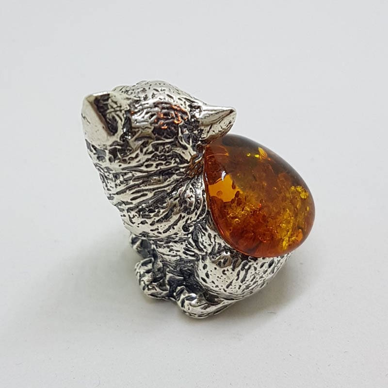Sitting Cat - Solid Sterling Silver Natural Baltic Amber Small Animal Figurine / Statue / Sculpture