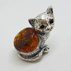 Sitting Cat - Solid Sterling Silver Natural Baltic Amber Small Animal Figurine / Statue / Sculpture