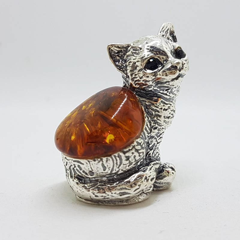 Sitting Cat - Solid Sterling Silver Natural Baltic Amber Small Animal Figurine / Statue / Sculpture
