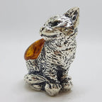 Sitting Cat - Solid Sterling Silver Natural Baltic Amber Small Animal Figurine / Statue / Sculpture