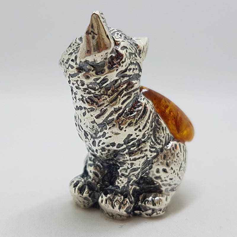 Sitting Cat - Solid Sterling Silver Natural Baltic Amber Small Animal Figurine / Statue / Sculpture