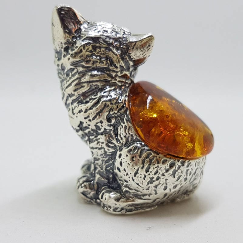 Sitting Cat - Solid Sterling Silver Natural Baltic Amber Small Animal Figurine / Statue / Sculpture