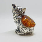 Sitting Cat - Solid Sterling Silver Natural Baltic Amber Small Animal Figurine / Statue / Sculpture