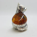 Sitting Cat - Solid Sterling Silver Natural Baltic Amber Small Animal Figurine / Statue / Sculpture