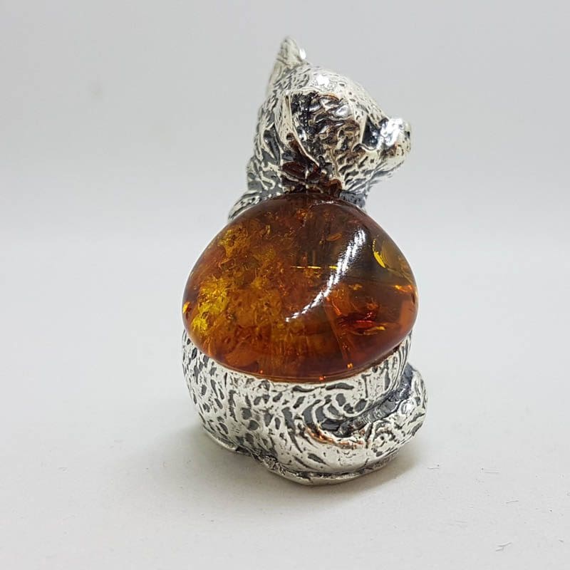 Sitting Cat - Solid Sterling Silver Natural Baltic Amber Small Animal Figurine / Statue / Sculpture