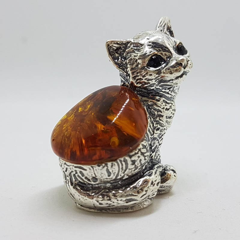 Sitting Cat - Solid Sterling Silver Natural Baltic Amber Small Animal Figurine / Statue / Sculpture