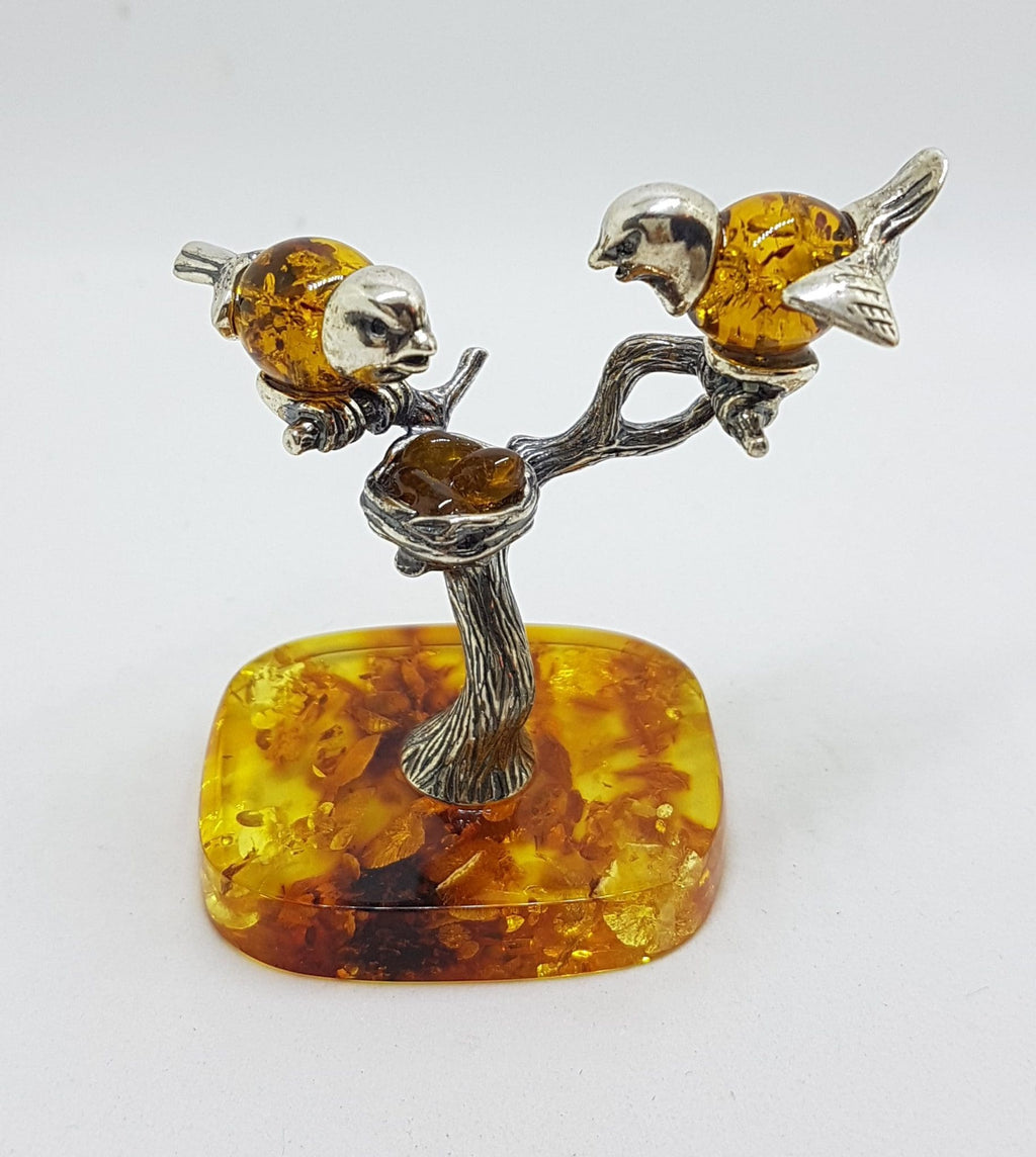 Stunning - Two Birds on a Branch with a Bird Nest - Sterling Silver Natural Baltic Amber Animal Figurine / Statue / Sculpture