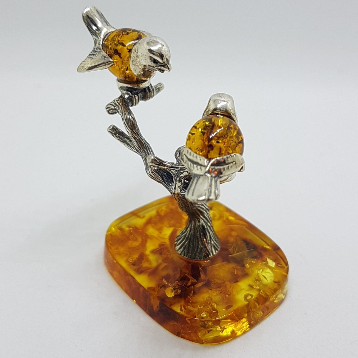 Stunning - Two Birds on a Branch with a Bird Nest - Sterling Silver Natural Baltic Amber Animal Figurine / Statue / Sculpture
