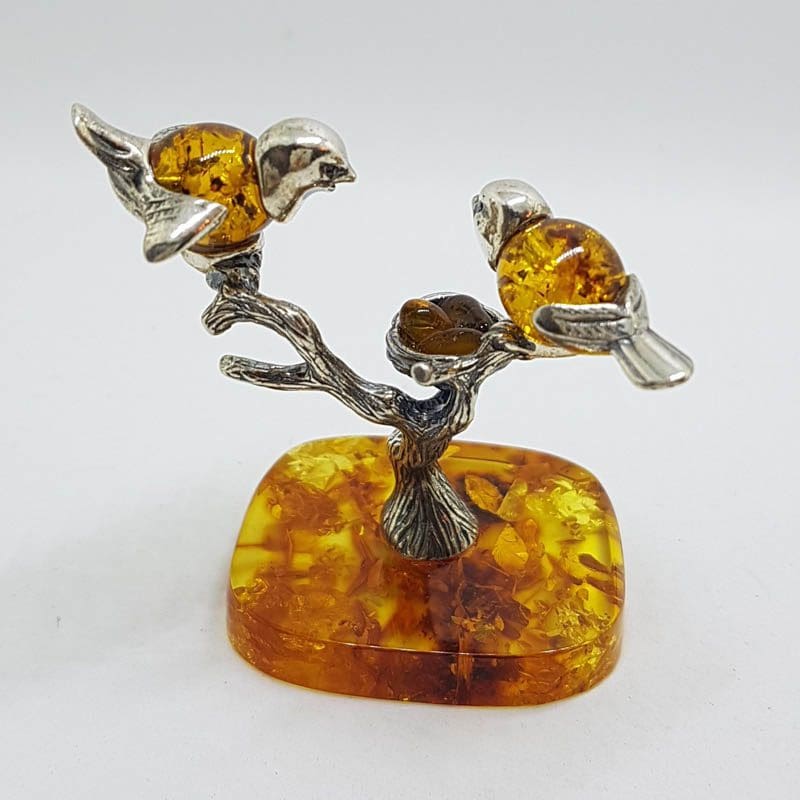 Stunning - Two Birds on a Branch with a Bird Nest - Sterling Silver Natural Baltic Amber Animal Figurine / Statue / Sculpture