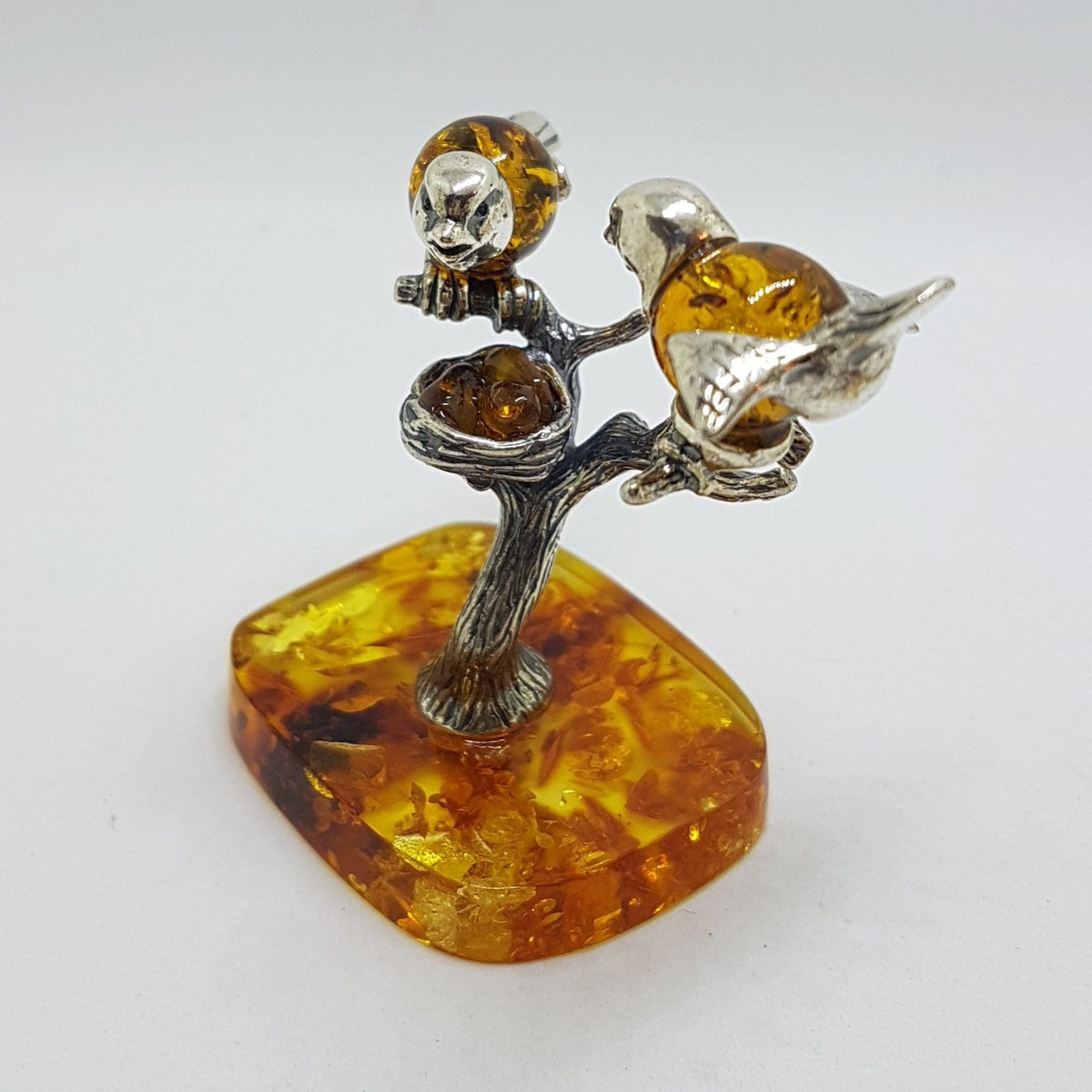 Stunning - Two Birds on a Branch with a Bird Nest - Sterling Silver Natural Baltic Amber Animal Figurine / Statue / Sculpture