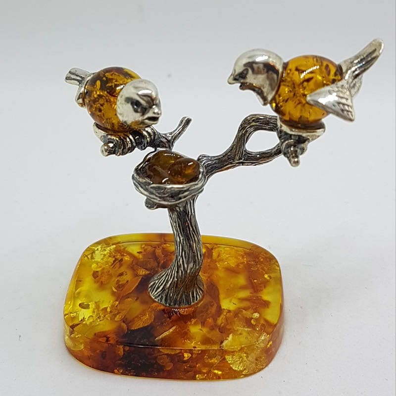 Stunning - Two Birds on a Branch with a Bird Nest - Sterling Silver Natural Baltic Amber Animal Figurine / Statue / Sculpture