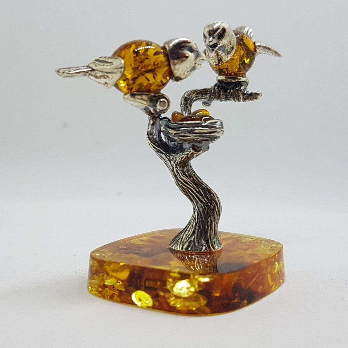 Stunning - Two Birds on a Branch with a Bird Nest - Sterling Silver Natural Baltic Amber Animal Figurine / Statue / Sculpture