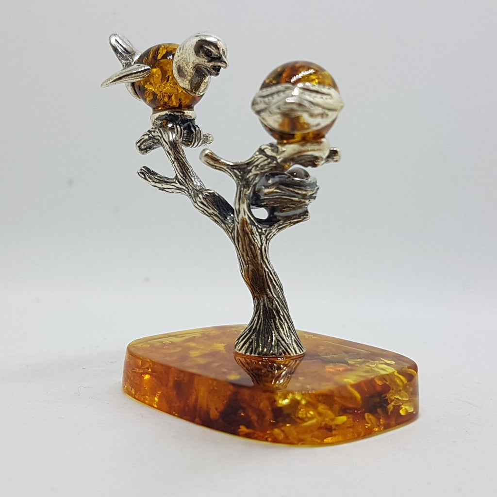 Stunning - Two Birds on a Branch with a Bird Nest - Sterling Silver Natural Baltic Amber Animal Figurine / Statue / Sculpture