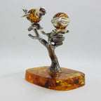 Stunning - Two Birds on a Branch with a Bird Nest - Sterling Silver Natural Baltic Amber Animal Figurine / Statue / Sculpture