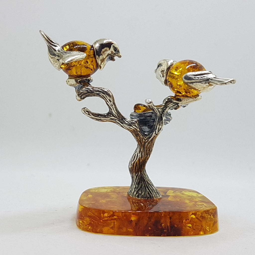 Stunning - Two Birds on a Branch with a Bird Nest - Sterling Silver Natural Baltic Amber Animal Figurine / Statue / Sculpture
