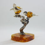Stunning - Two Birds on a Branch with a Bird Nest - Sterling Silver Natural Baltic Amber Animal Figurine / Statue / Sculpture
