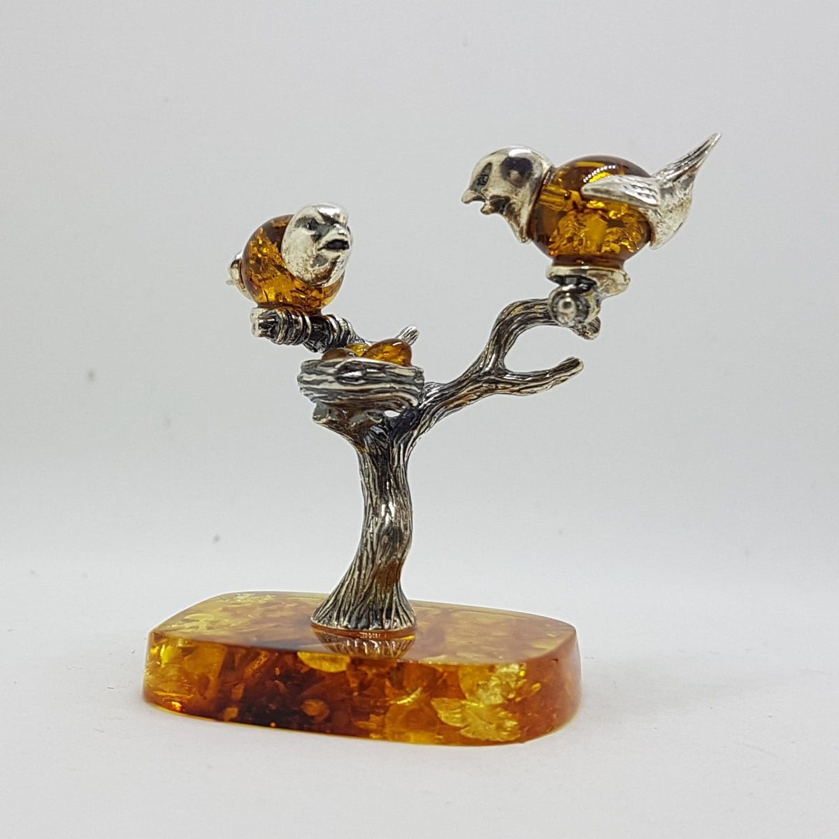 Stunning - Two Birds on a Branch with a Bird Nest - Sterling Silver Natural Baltic Amber Animal Figurine / Statue / Sculpture