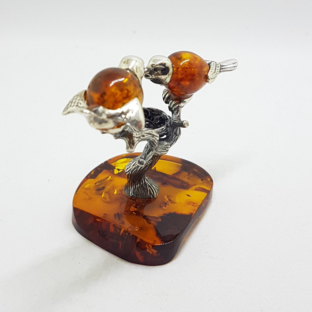 Stunning - Two Birds on a Branch with a Bird Nest - Sterling Silver Natural Baltic Amber Animal Figurine / Statue / Sculpture