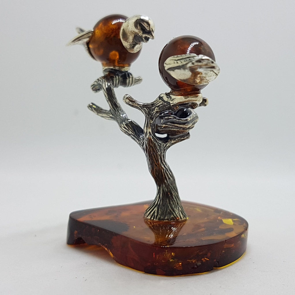 Stunning - Two Birds on a Branch with a Bird Nest - Sterling Silver Natural Baltic Amber Animal Figurine / Statue / Sculpture