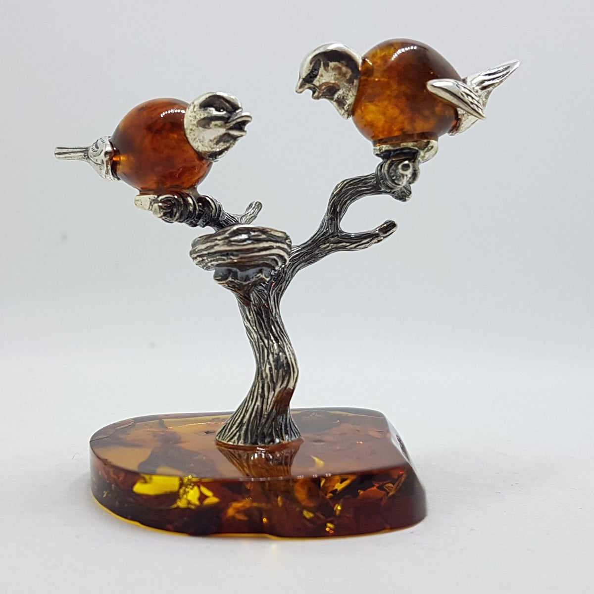 Stunning - Two Birds on a Branch with a Bird Nest - Sterling Silver Natural Baltic Amber Animal Figurine / Statue / Sculpture