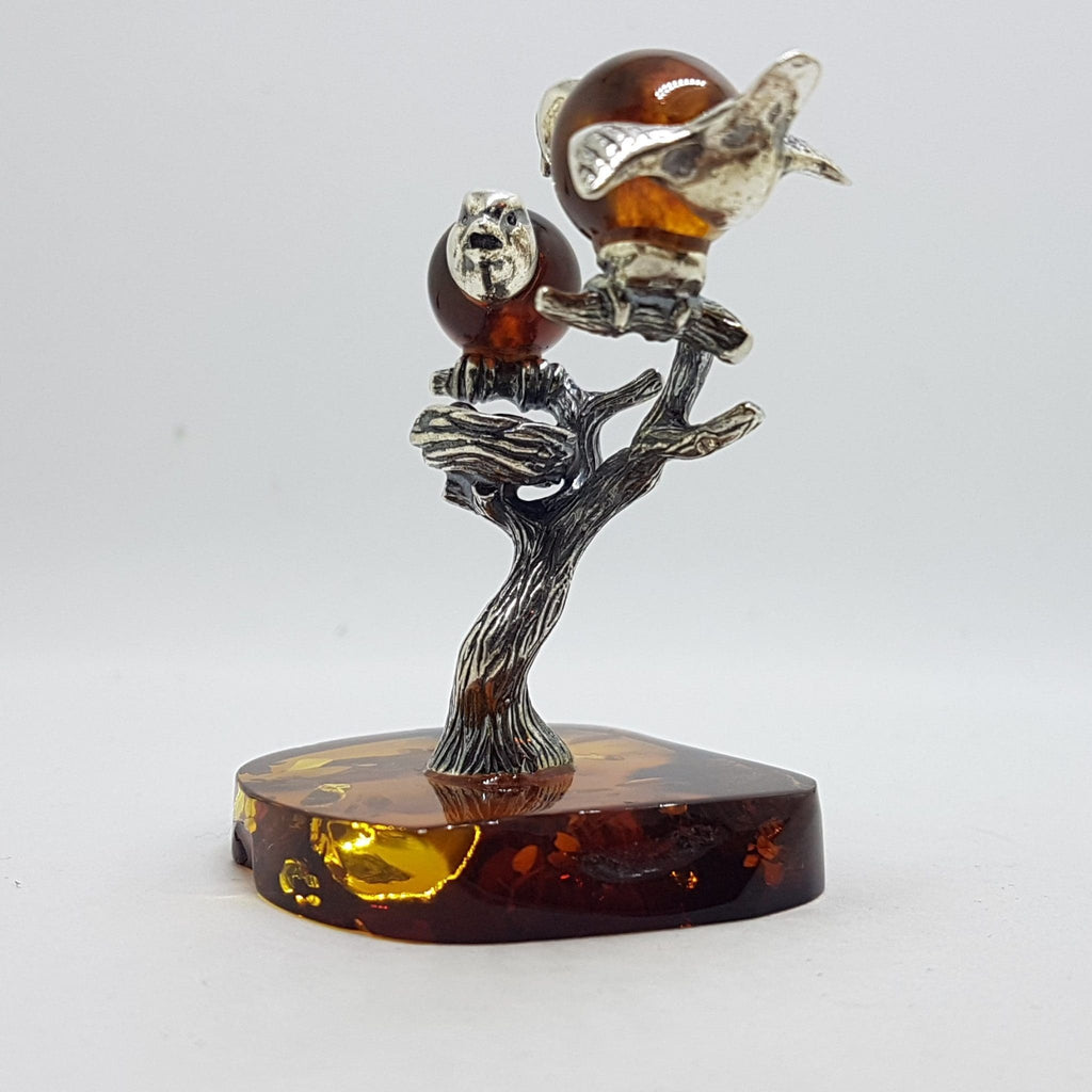 Stunning - Two Birds on a Branch with a Bird Nest - Sterling Silver Natural Baltic Amber Animal Figurine / Statue / Sculpture