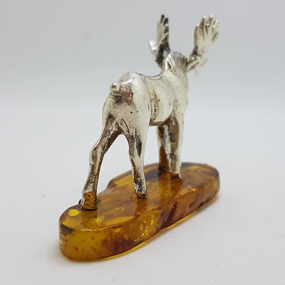 Stag / Reindeer / Deer / Moose - Solid Sterling Silver Natural Baltic Amber Small Animal Figurine / Statue / Sculpture