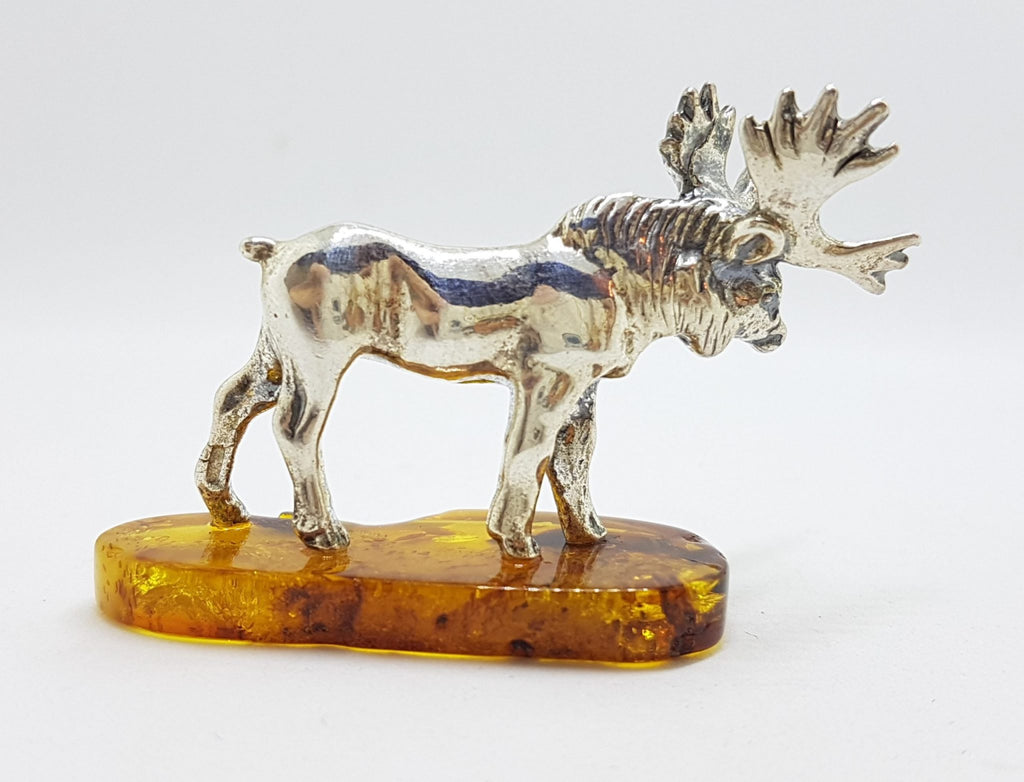 Stag / Reindeer / Deer / Moose - Solid Sterling Silver Natural Baltic Amber Small Animal Figurine / Statue / Sculpture