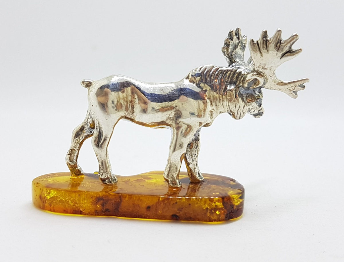 Stag / Reindeer / Deer / Moose - Solid Sterling Silver Natural Baltic Amber Small Animal Figurine / Statue / Sculpture