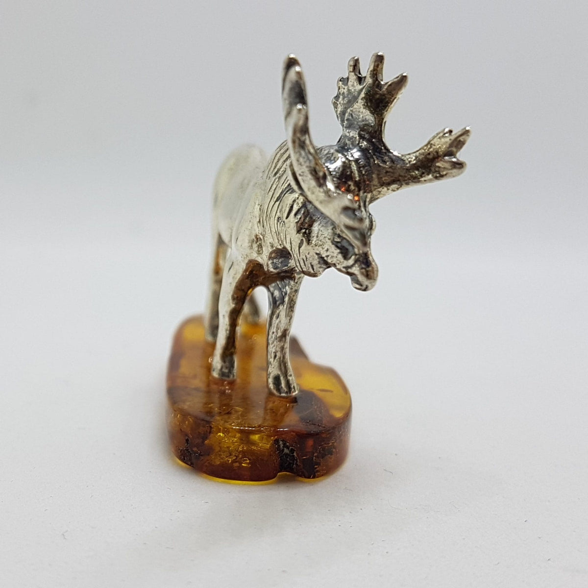 Stag / Reindeer / Deer / Moose - Solid Sterling Silver Natural Baltic Amber Small Animal Figurine / Statue / Sculpture