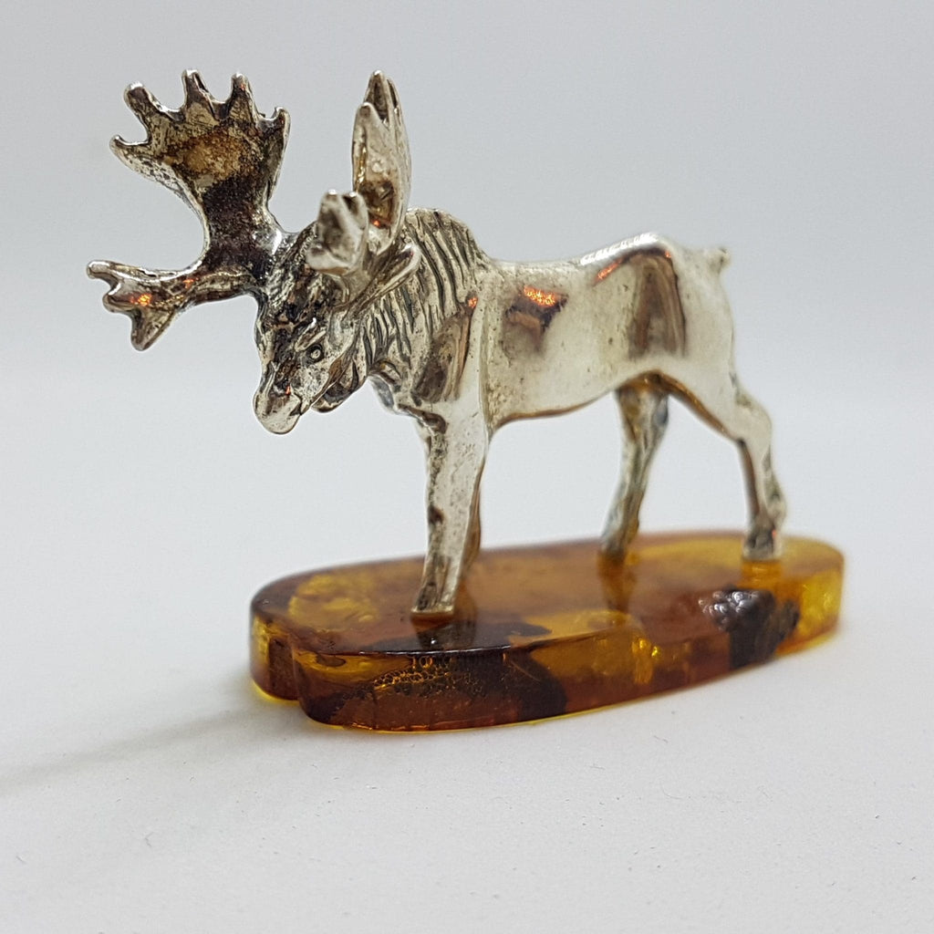 Stag / Reindeer / Deer / Moose - Solid Sterling Silver Natural Baltic Amber Small Animal Figurine / Statue / Sculpture