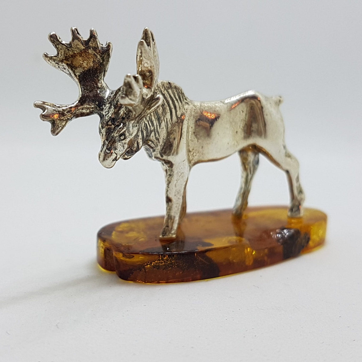 Stag / Reindeer / Deer / Moose - Solid Sterling Silver Natural Baltic Amber Small Animal Figurine / Statue / Sculpture