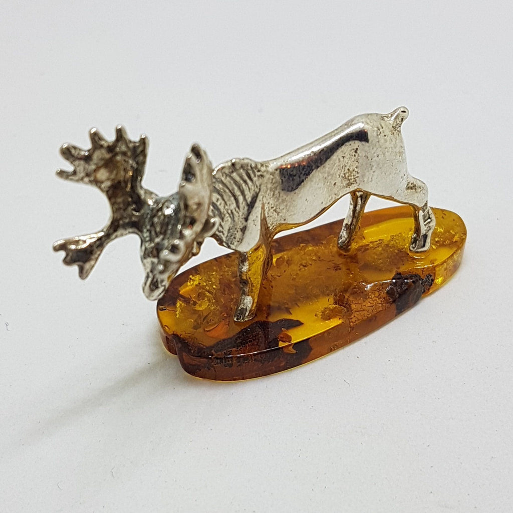 Stag / Reindeer / Deer / Moose - Solid Sterling Silver Natural Baltic Amber Small Animal Figurine / Statue / Sculpture