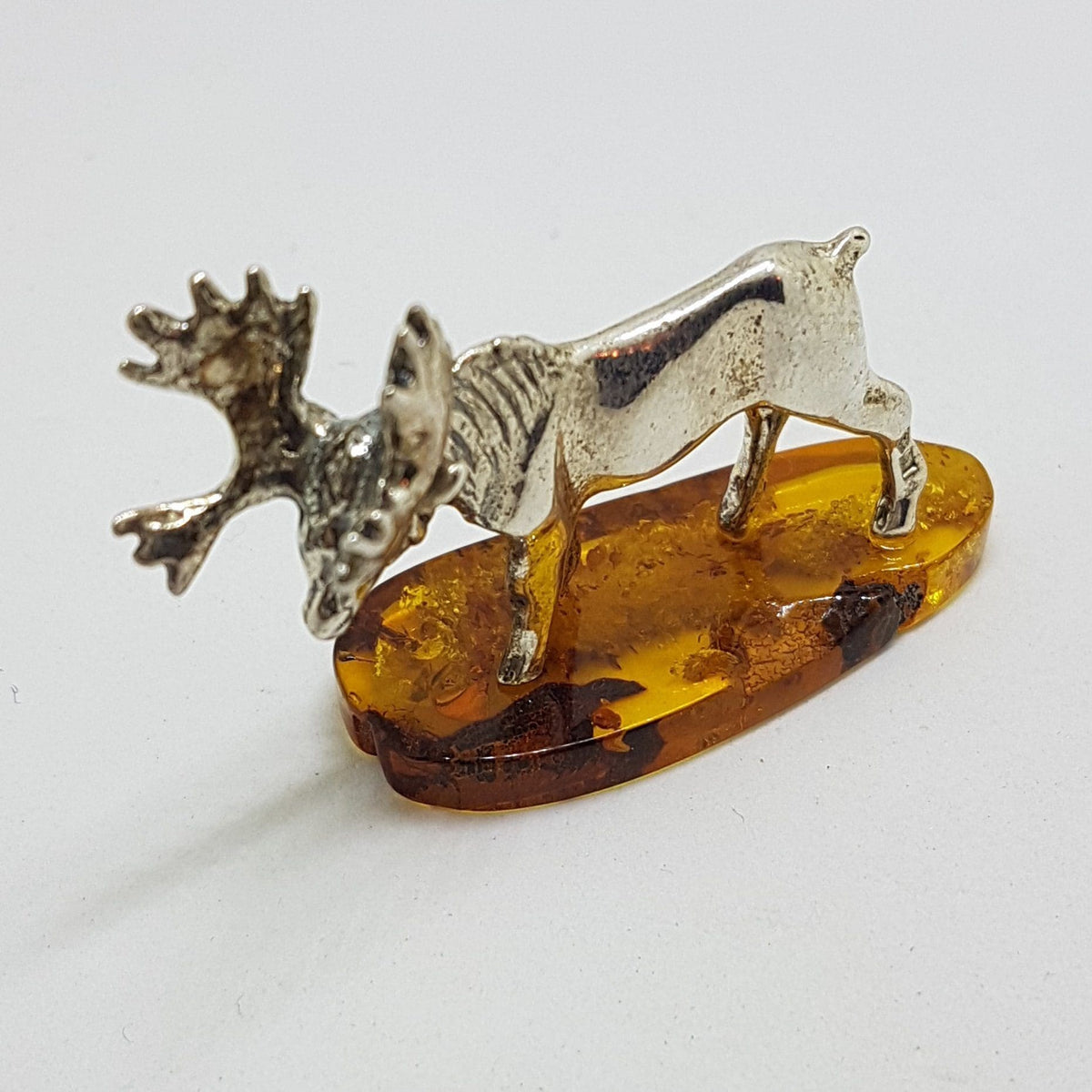 Stag / Reindeer / Deer / Moose - Solid Sterling Silver Natural Baltic Amber Small Animal Figurine / Statue / Sculpture