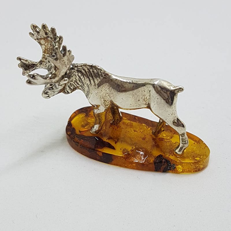 Stag / Reindeer / Deer / Moose - Solid Sterling Silver Natural Baltic Amber Small Animal Figurine / Statue / Sculpture