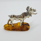 Stag / Reindeer / Deer / Moose - Solid Sterling Silver Natural Baltic Amber Small Animal Figurine / Statue / Sculpture