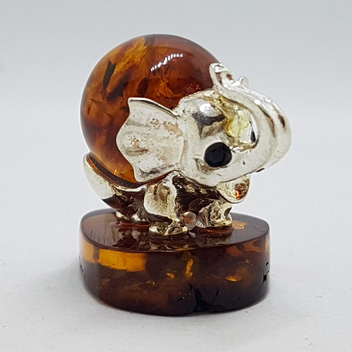 Elephant - Solid Sterling Silver Natural Baltic Amber Small Animal Figurine / Statue / Sculpture