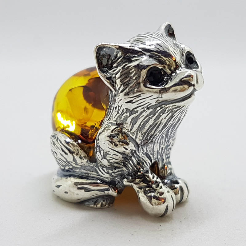 Sitting Cat / Kitten - Sterling Silver Natural Baltic Amber Animal Figurine / Statue / Sculpture