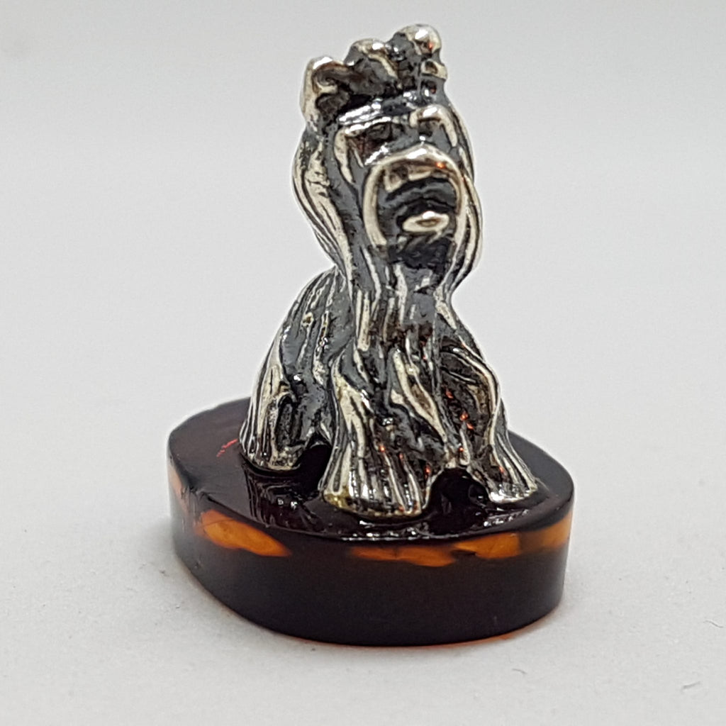 Small Dog / Maltese / Shih Tzu / Silky Terrier – Solid Sterling Silver Natural Baltic Amber Small Animal Figurine / Statue / Sculpture