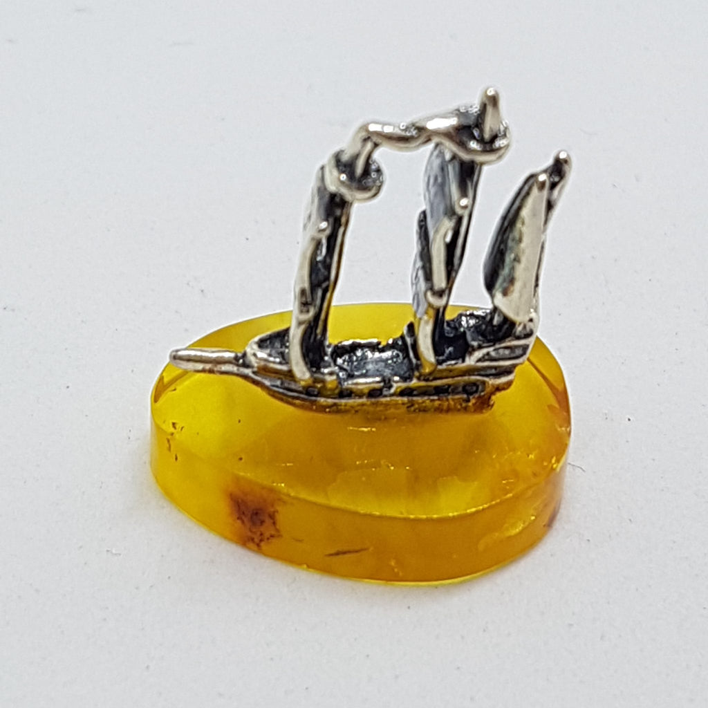 Viking Sailing Ship – Solid Sterling Silver Natural Baltic Butter Amber Small Figurine / Statue / Sculpture